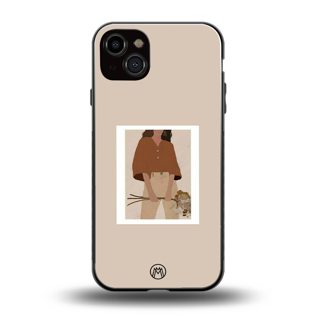beige brown young lady art back phone cover | glass case for iphone 14 plus