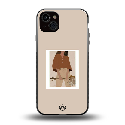 beige brown young lady art back phone cover | glass case for iphone 14 plus