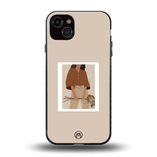 beige brown young lady art back phone cover | glass case for iphone 14 plus