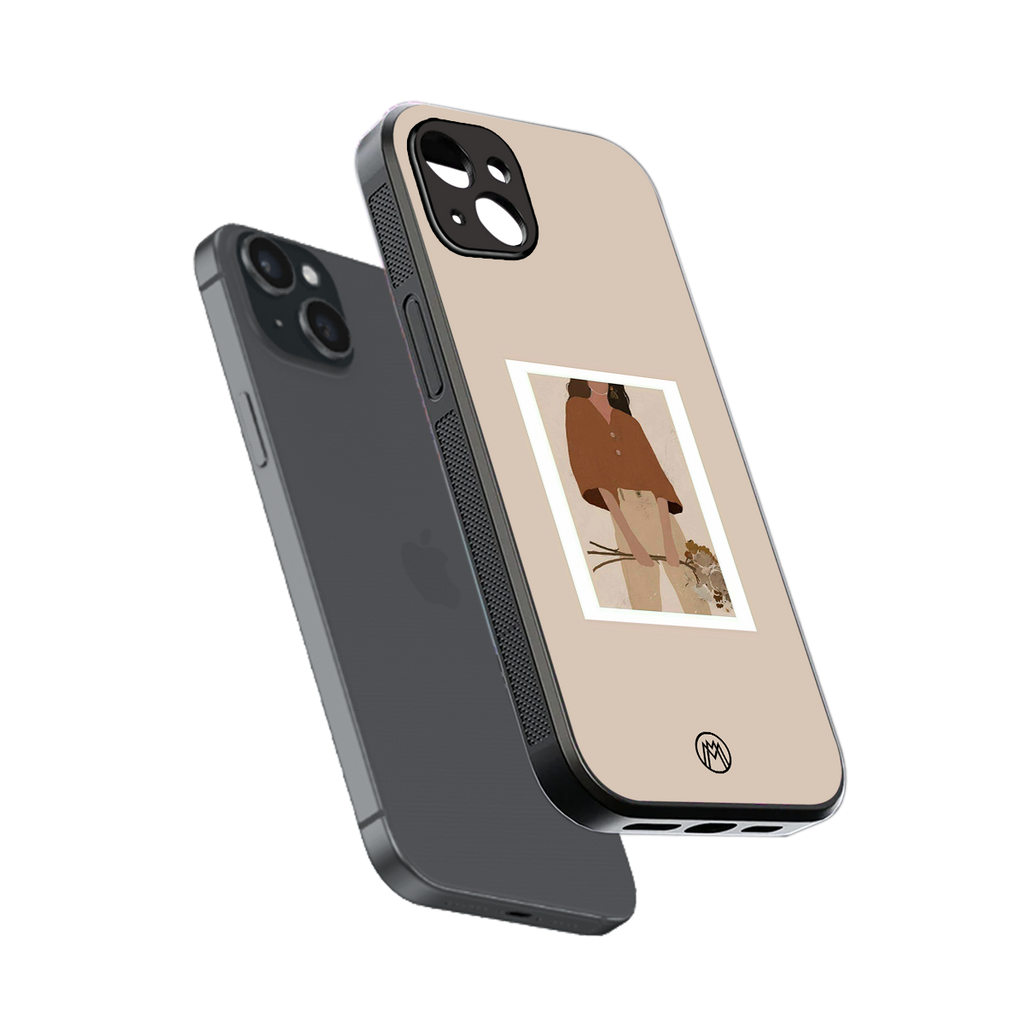 beige brown young lady art back phone cover | glass case for iphone 15 plus