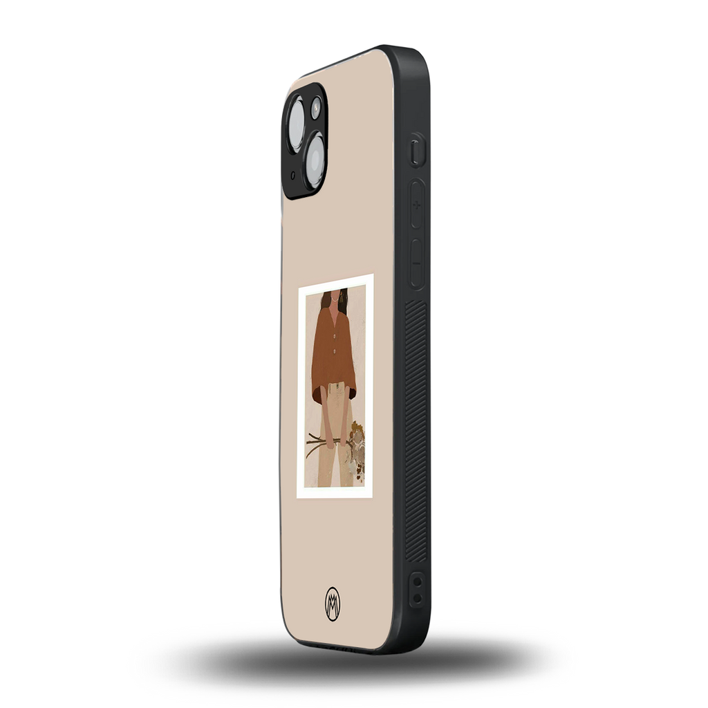 beige brown young lady art back phone cover | glass case for iphone 15 plus