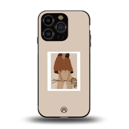 beige brown young lady art back phone cover | glass case for iphone 15 pro