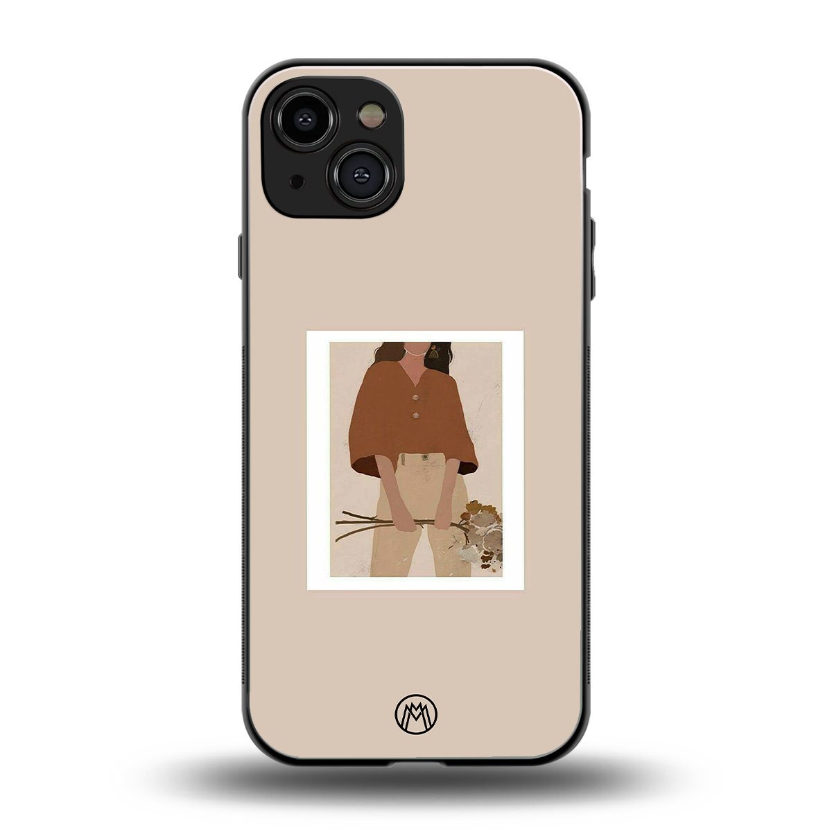 beige brown young lady art back phone cover | glass case for iphone 15