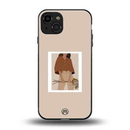 beige brown young lady art back phone cover | glass case for iphone 14