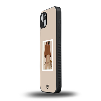 beige brown young lady art back phone cover | glass case for iphone 15