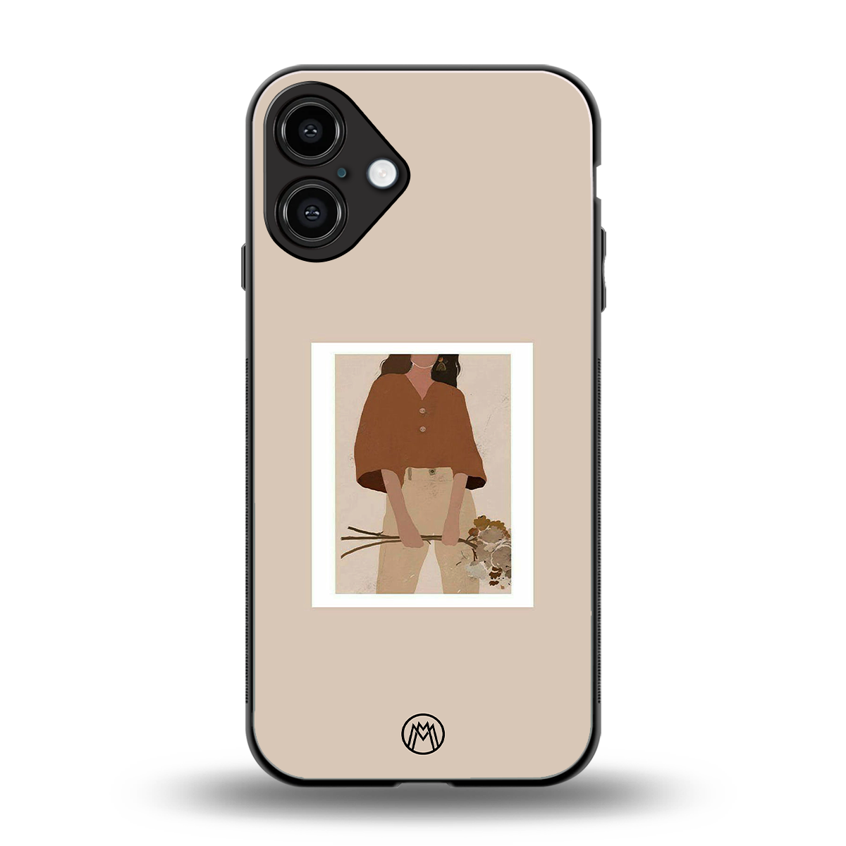 beige brown young lady art back phone cover | glass case for iphone 16 plus