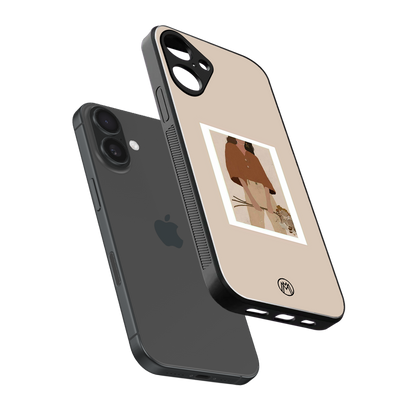 beige brown young lady art back phone cover | glass case for iphone 16 plus