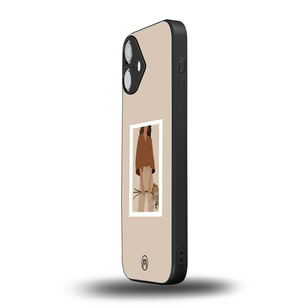 beige brown young lady art back phone cover | glass case for iphone 16 plus