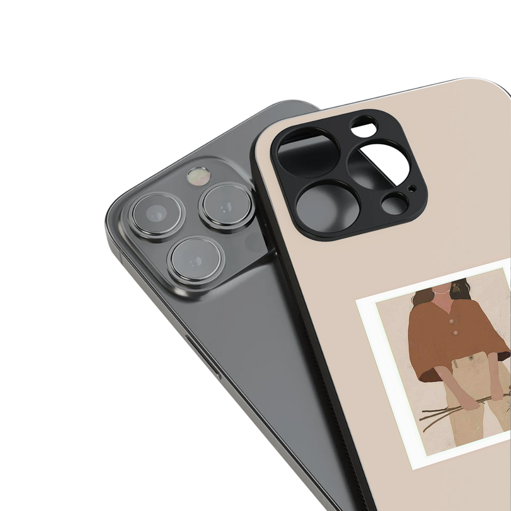 beige brown young lady art back phone cover | glass case for iphone 13 mini