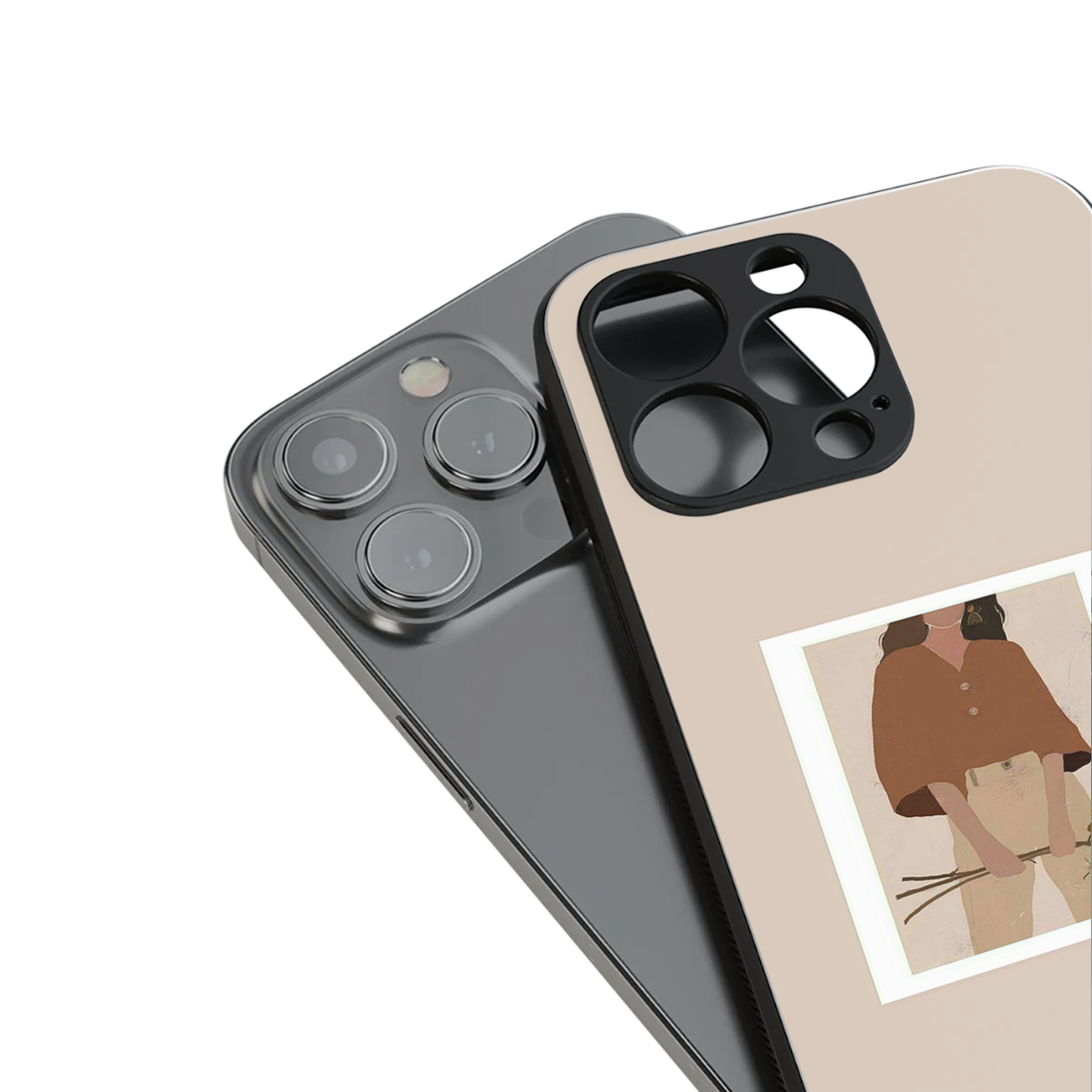 beige brown young lady art back phone cover | glass case for iphone 13 mini