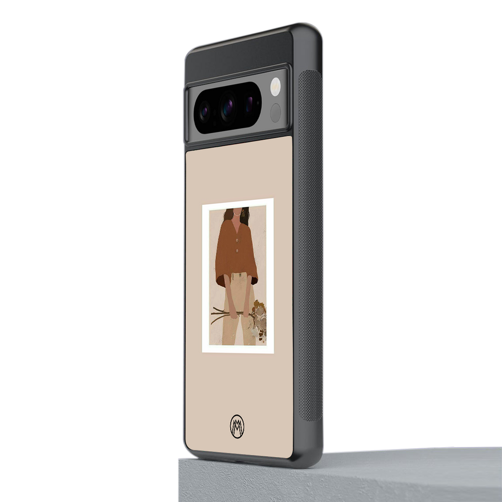 beige brown young lady art back phone cover | glass case for google pixel 8 pro