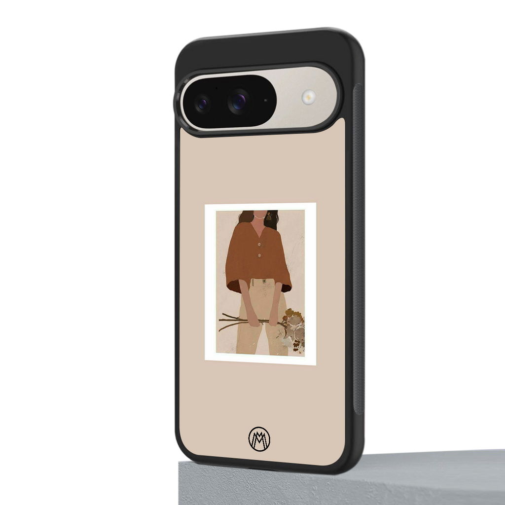 beige brown young lady art back phone cover | glass case for google pixel 9