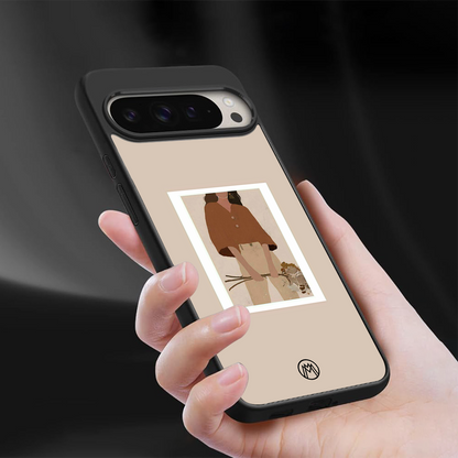 beige brown young lady art back phone cover | glass case for google pixel 9 pro xl
