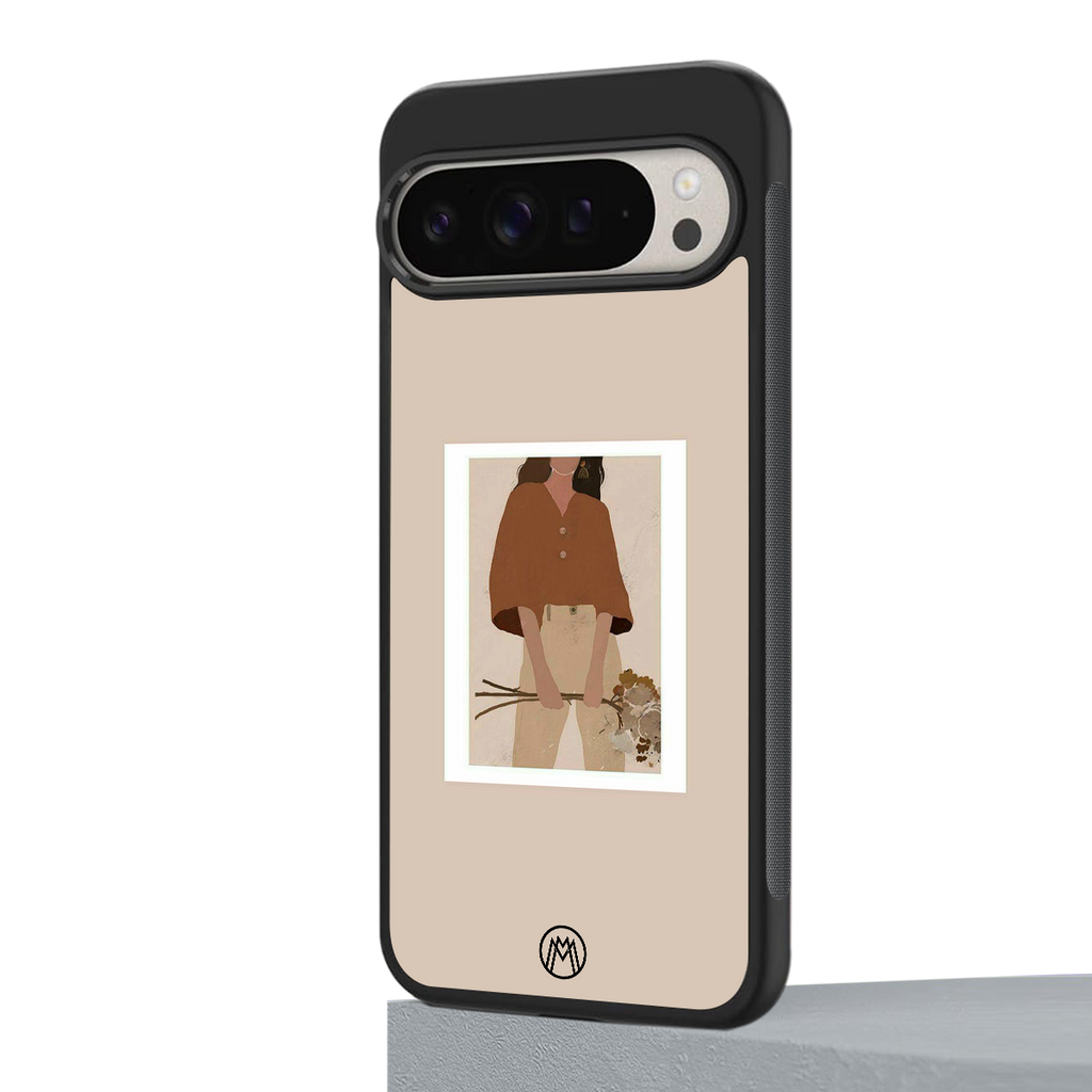 beige brown young lady art back phone cover | glass case for google pixel 9 pro xl