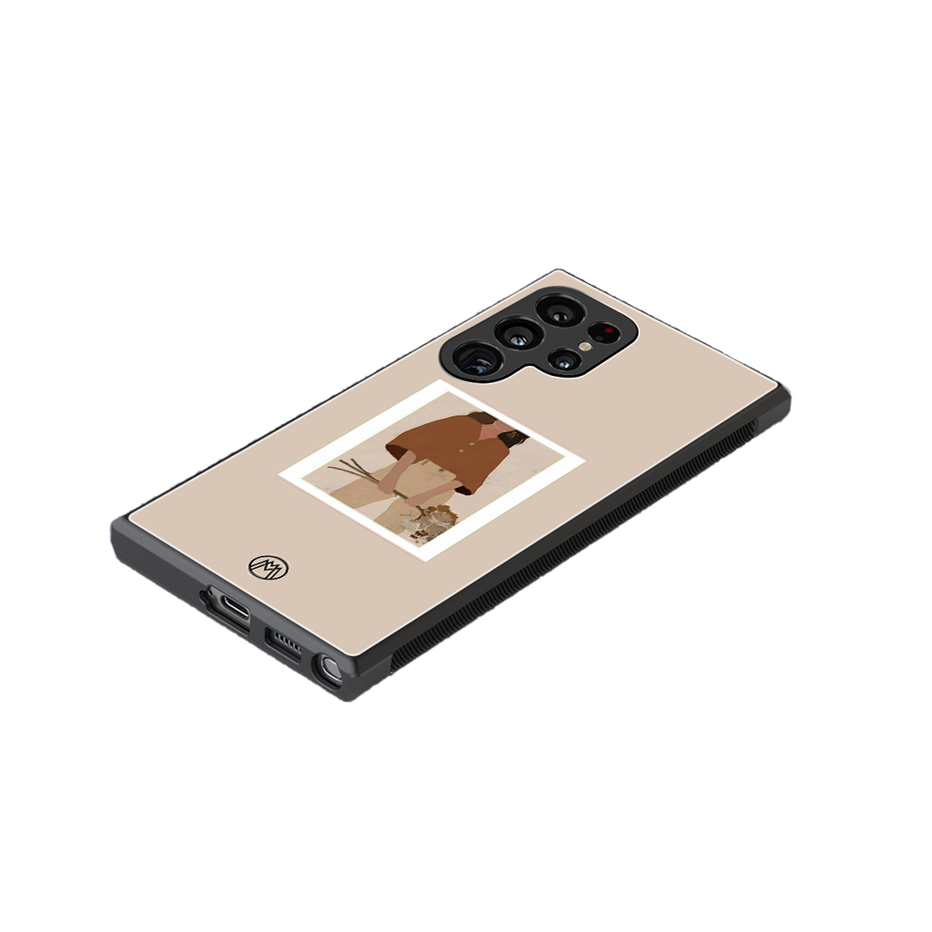 beige brown young lady art back phone cover | glass case for samsung galaxy s23 ultra