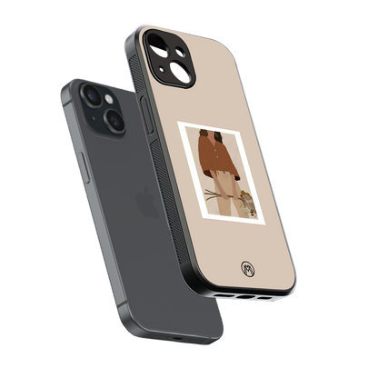 beige brown young lady art back phone cover | glass case for iphone 15