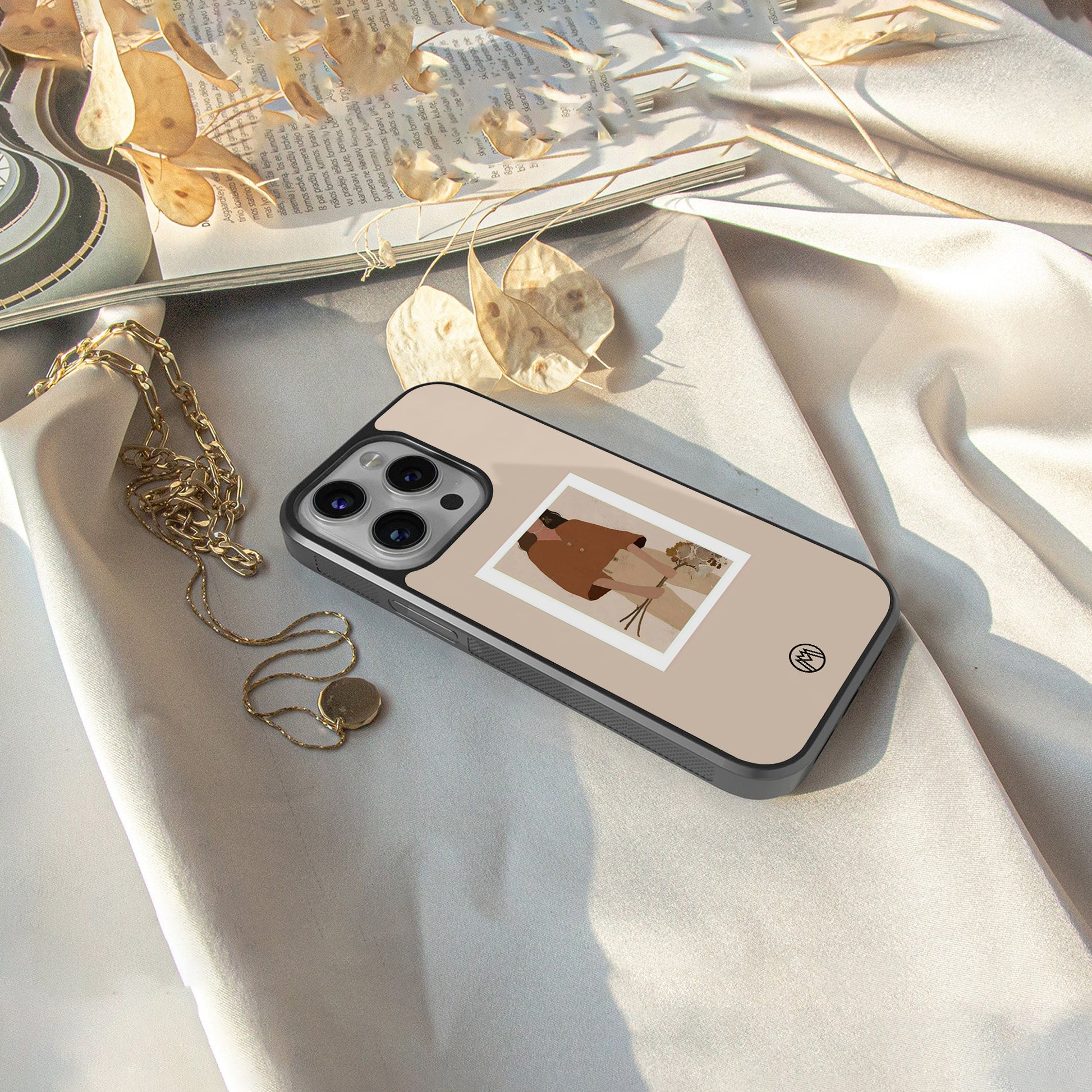 beige brown young lady art back phone cover | glass case for iphone 16 pro max