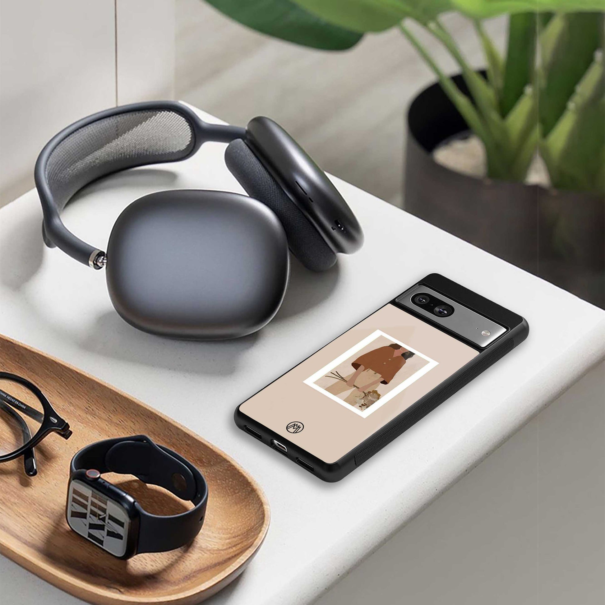 beige brown young lady art back phone cover | glass case for iphone 13 mini