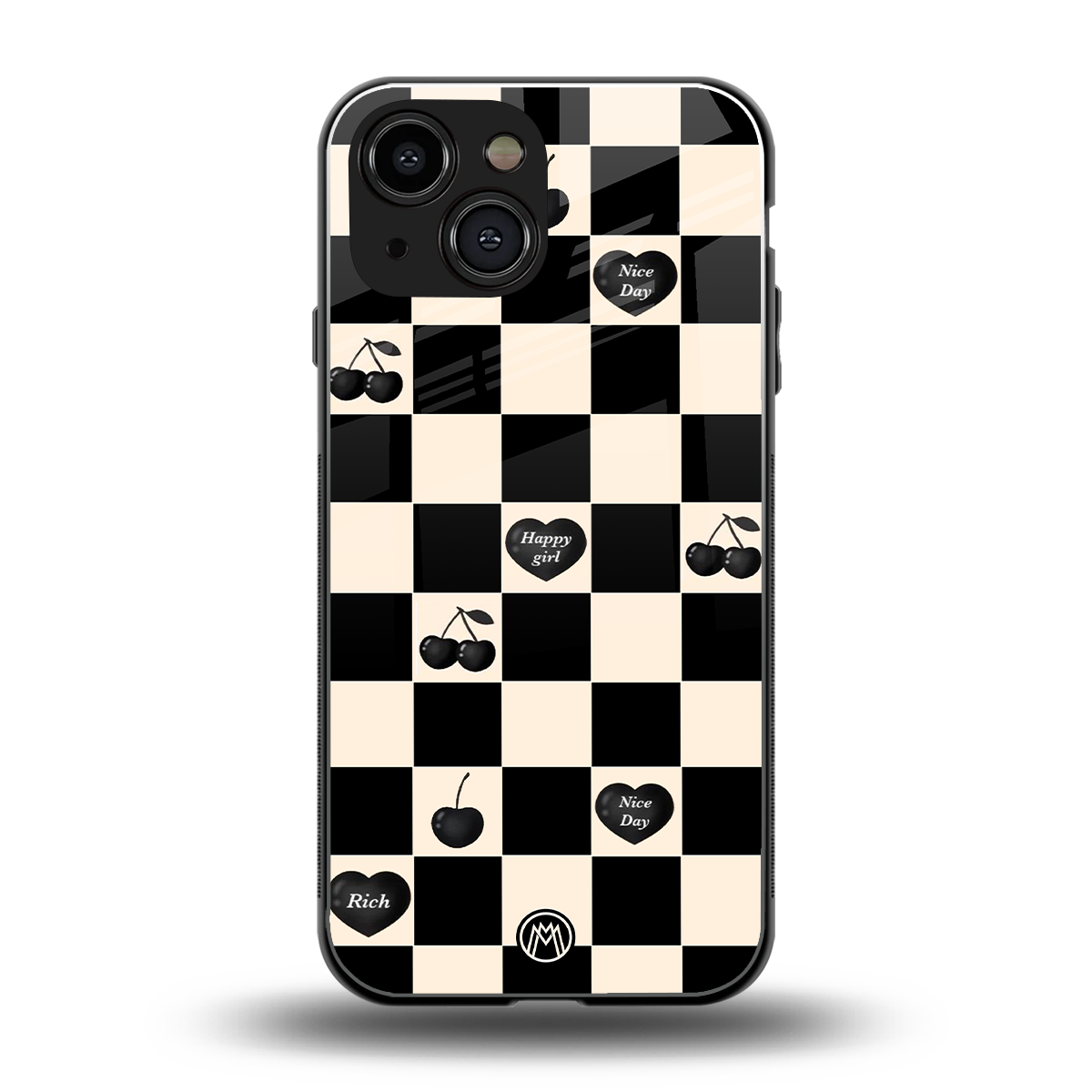 black cherries check pattern back phone cover | glass case for iphone 13 mini