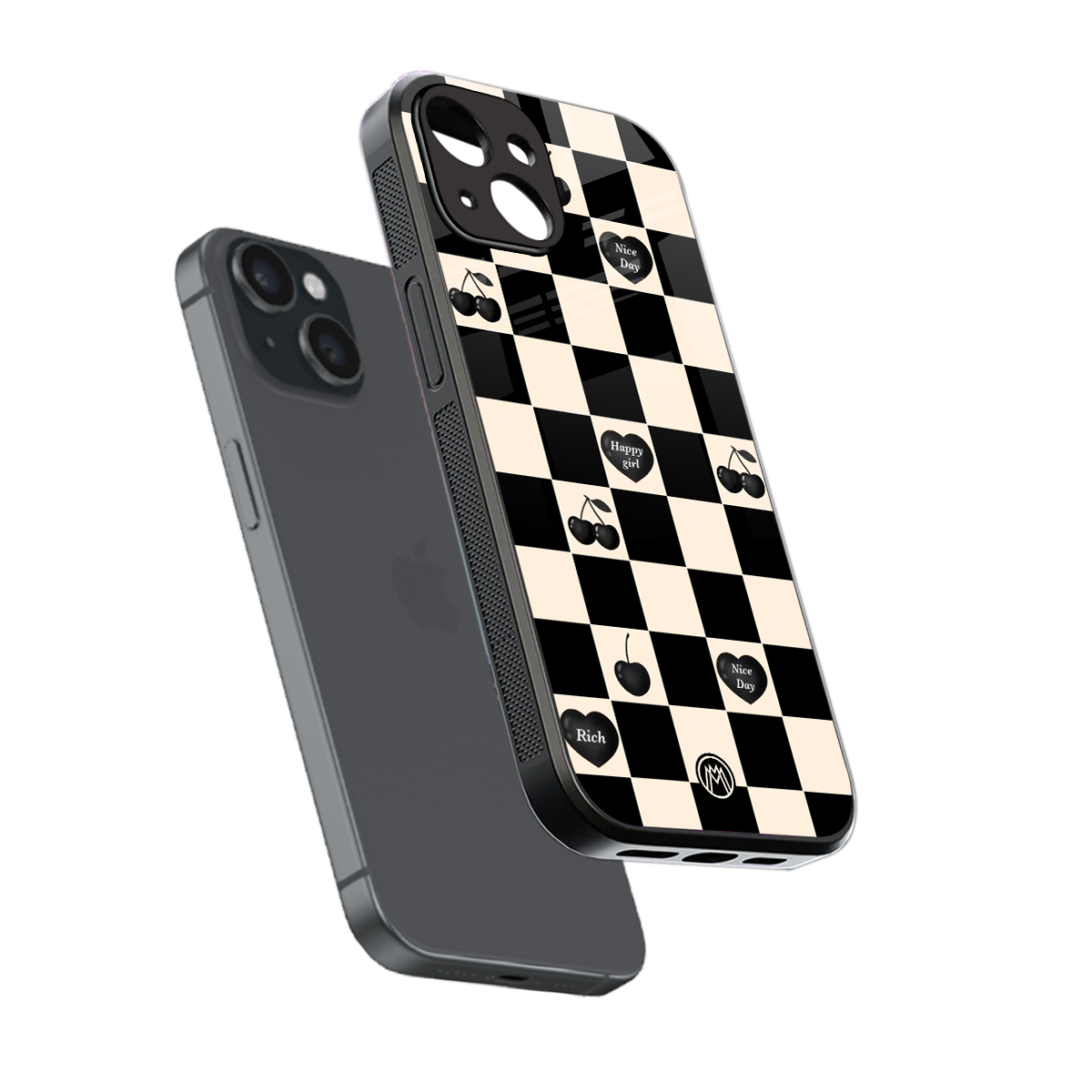 black cherries check pattern back phone cover | glass case for iphone 13 mini