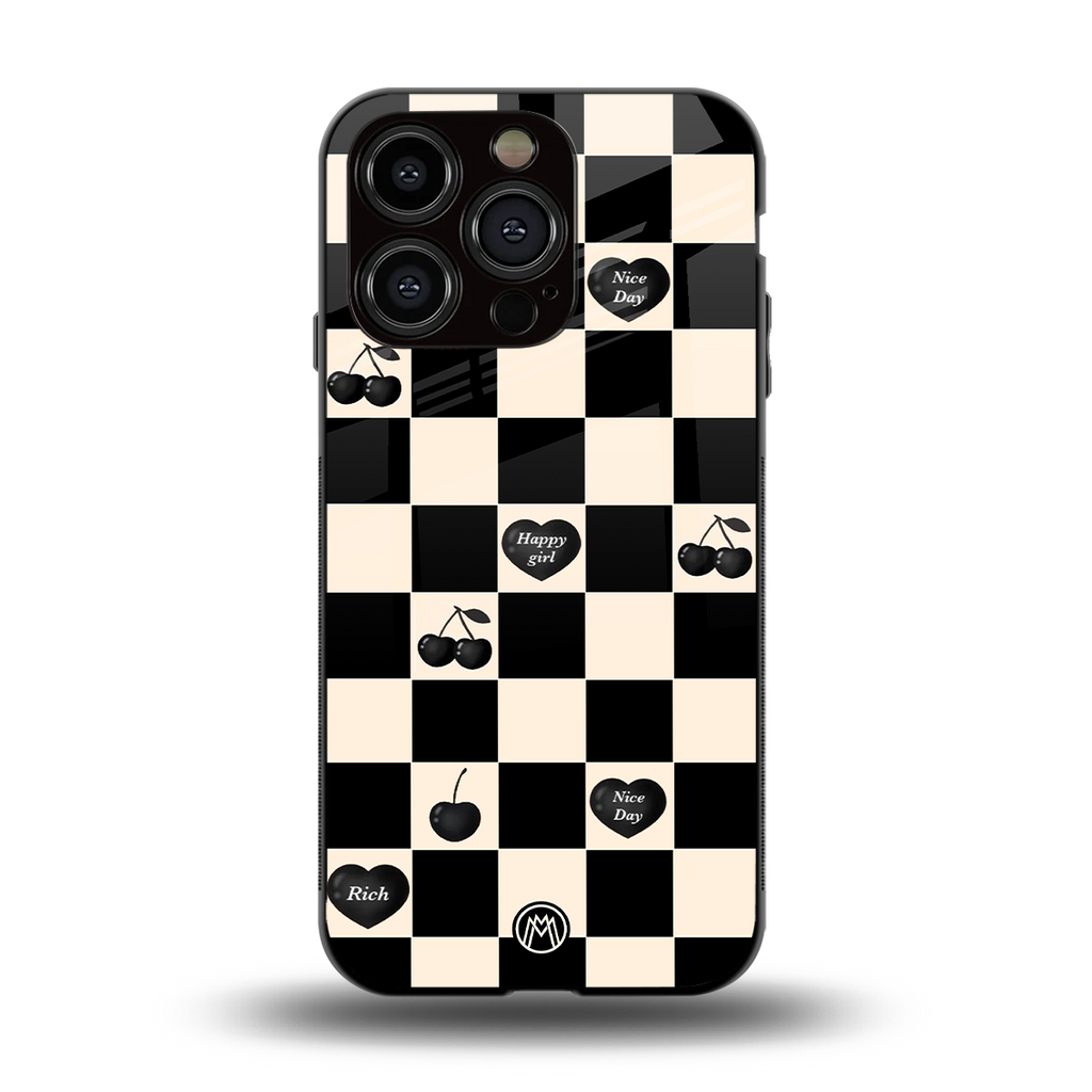 black cherries check pattern back phone cover | glass case for iphone 13 pro