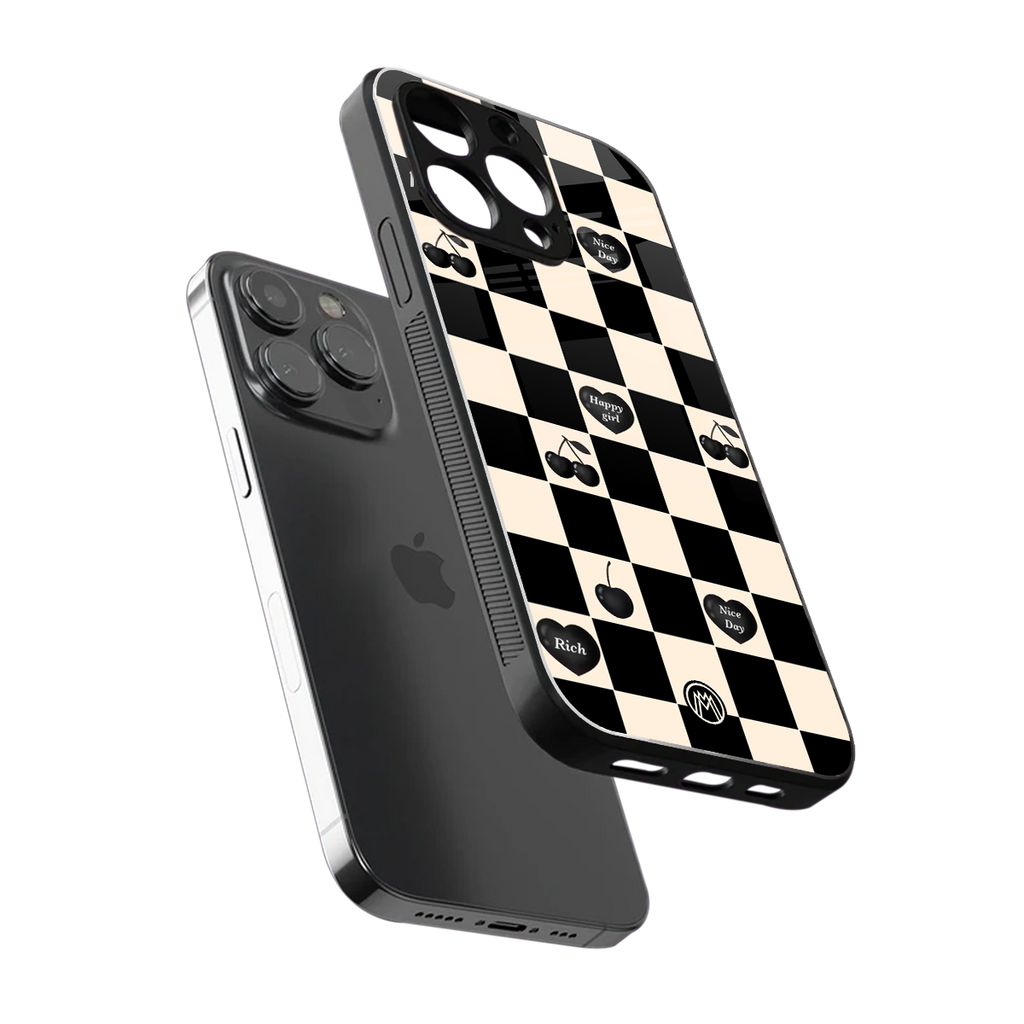 black cherries check pattern back phone cover | glass case for iphone 13 pro