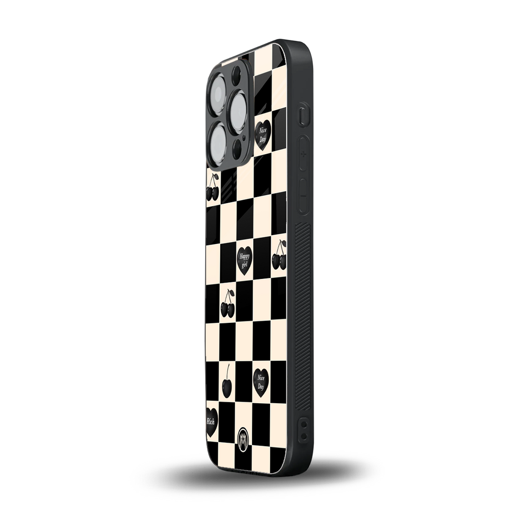 black cherries check pattern back phone cover | glass case for iphone 13 pro