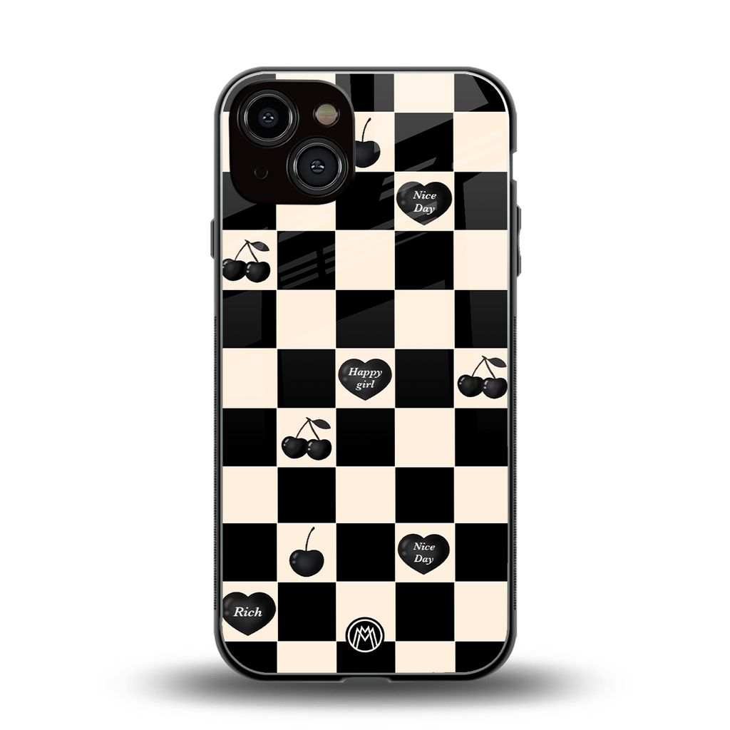 black cherries check pattern back phone cover | glass case for iphone 13
