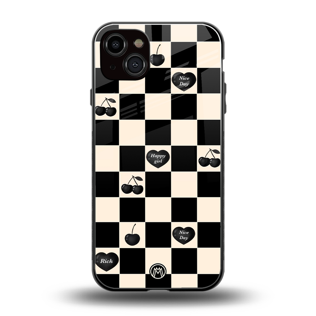 black cherries check pattern back phone cover | glass case for iphone 15 plus