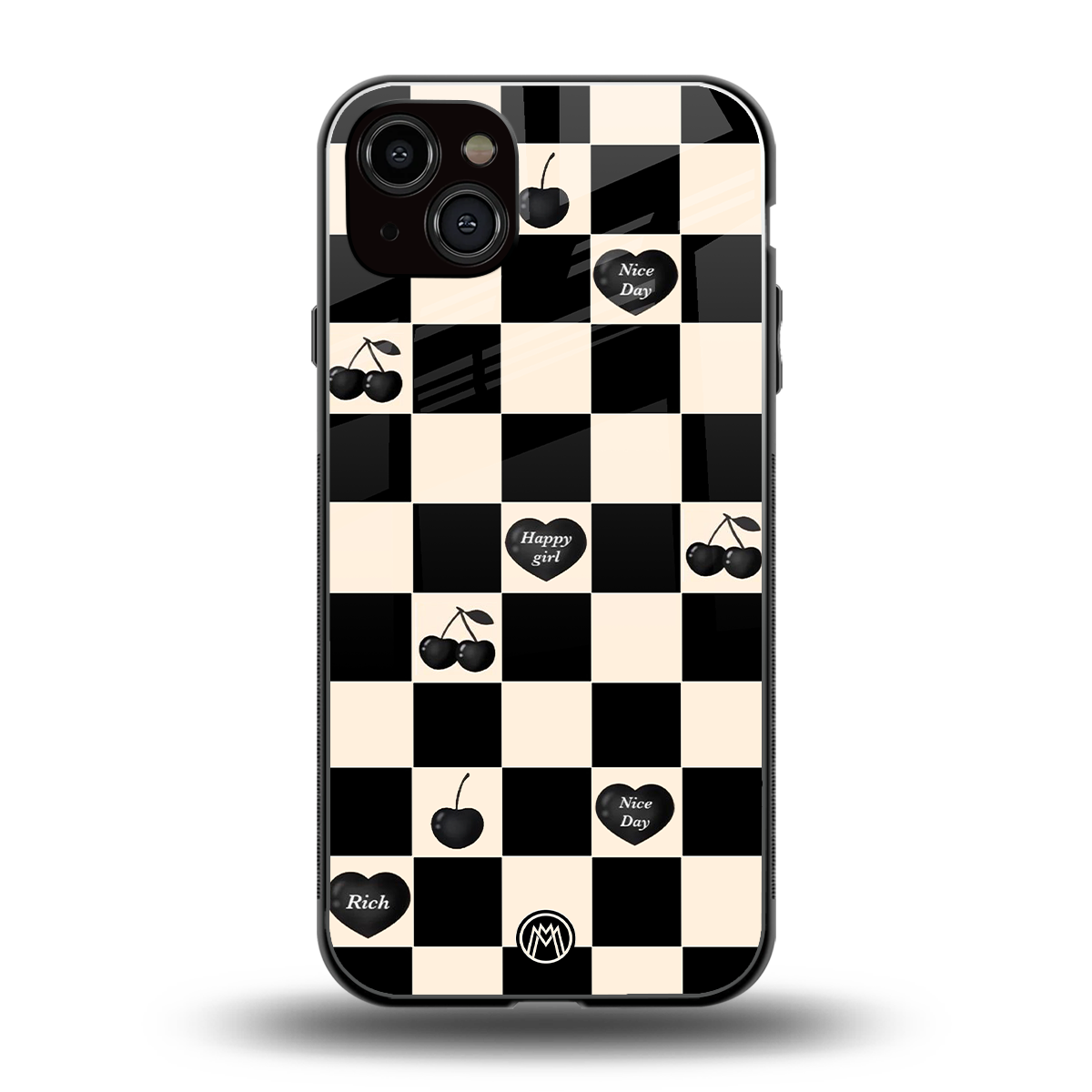 black cherries check pattern back phone cover | glass case for iphone 15 plus