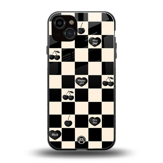 black cherries check pattern back phone cover | glass case for iphone 14 plus