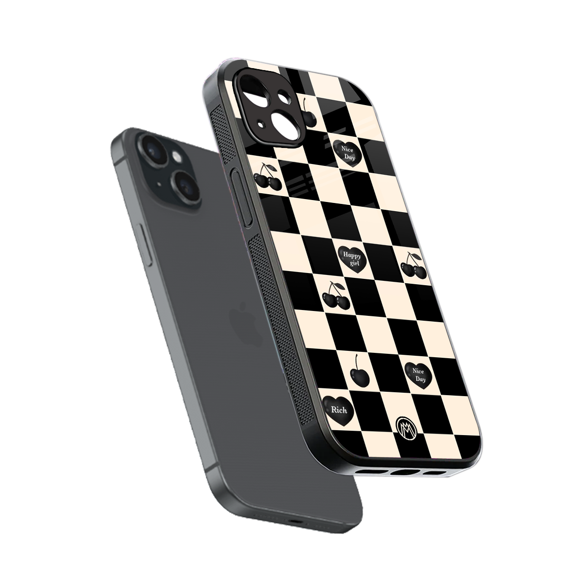 black cherries check pattern back phone cover | glass case for iphone 15 plus