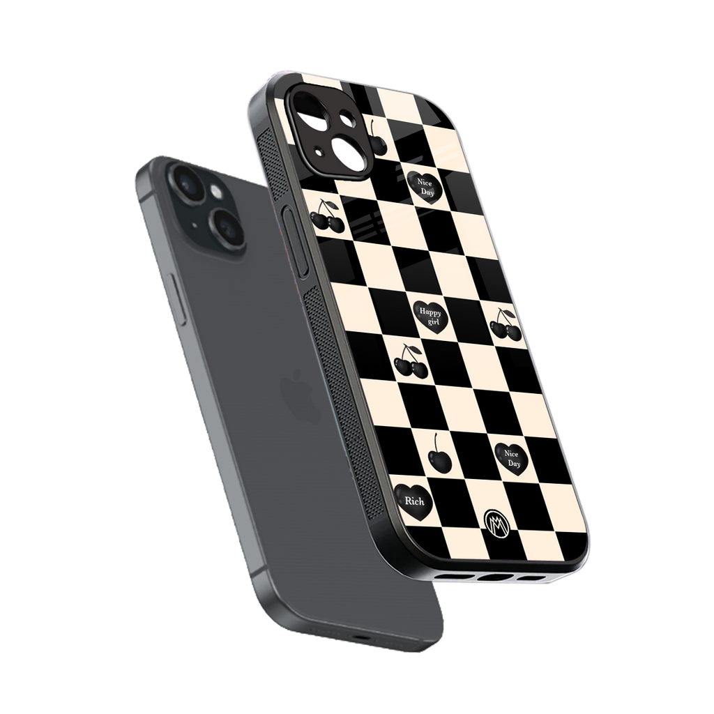 black cherries check pattern back phone cover | glass case for iphone 14 plus