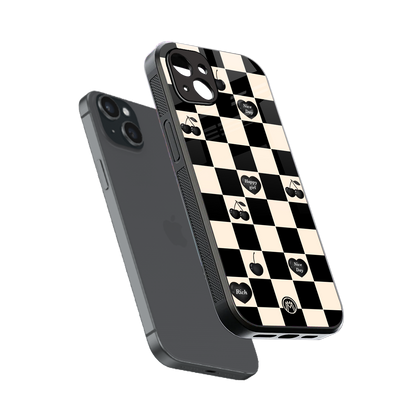 black cherries check pattern back phone cover | glass case for iphone 14 plus