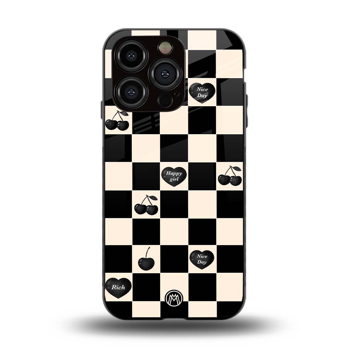 black cherries check pattern back phone cover | glass case for iphone 15 pro