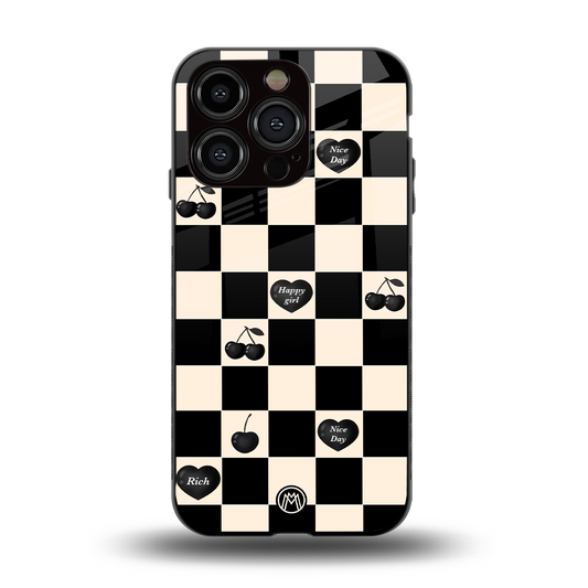 black cherries check pattern back phone cover | glass case for iphone 15 pro