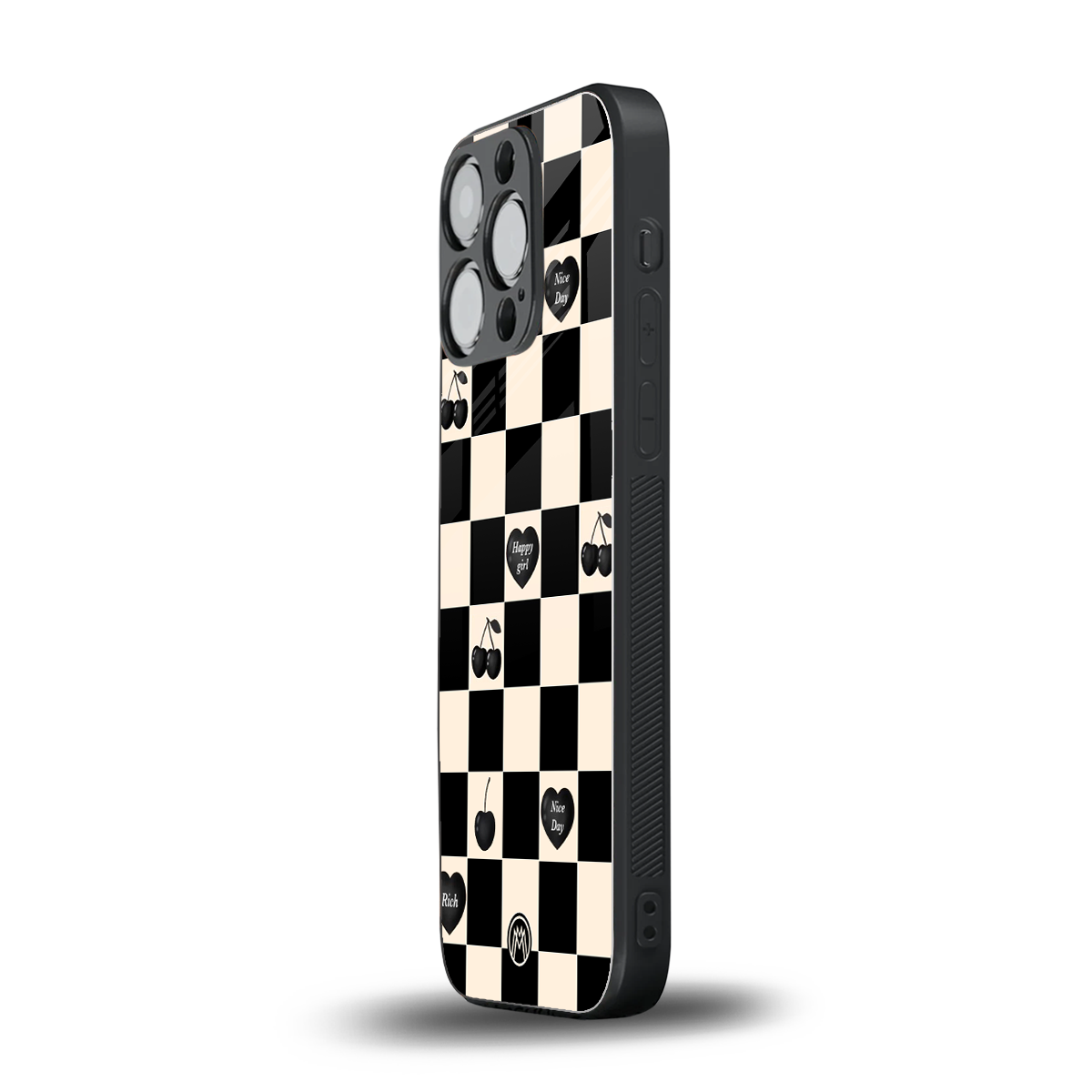 black cherries check pattern back phone cover | glass case for iphone 15 pro