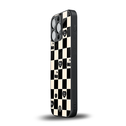 black cherries check pattern back phone cover | glass case for iphone 15 pro