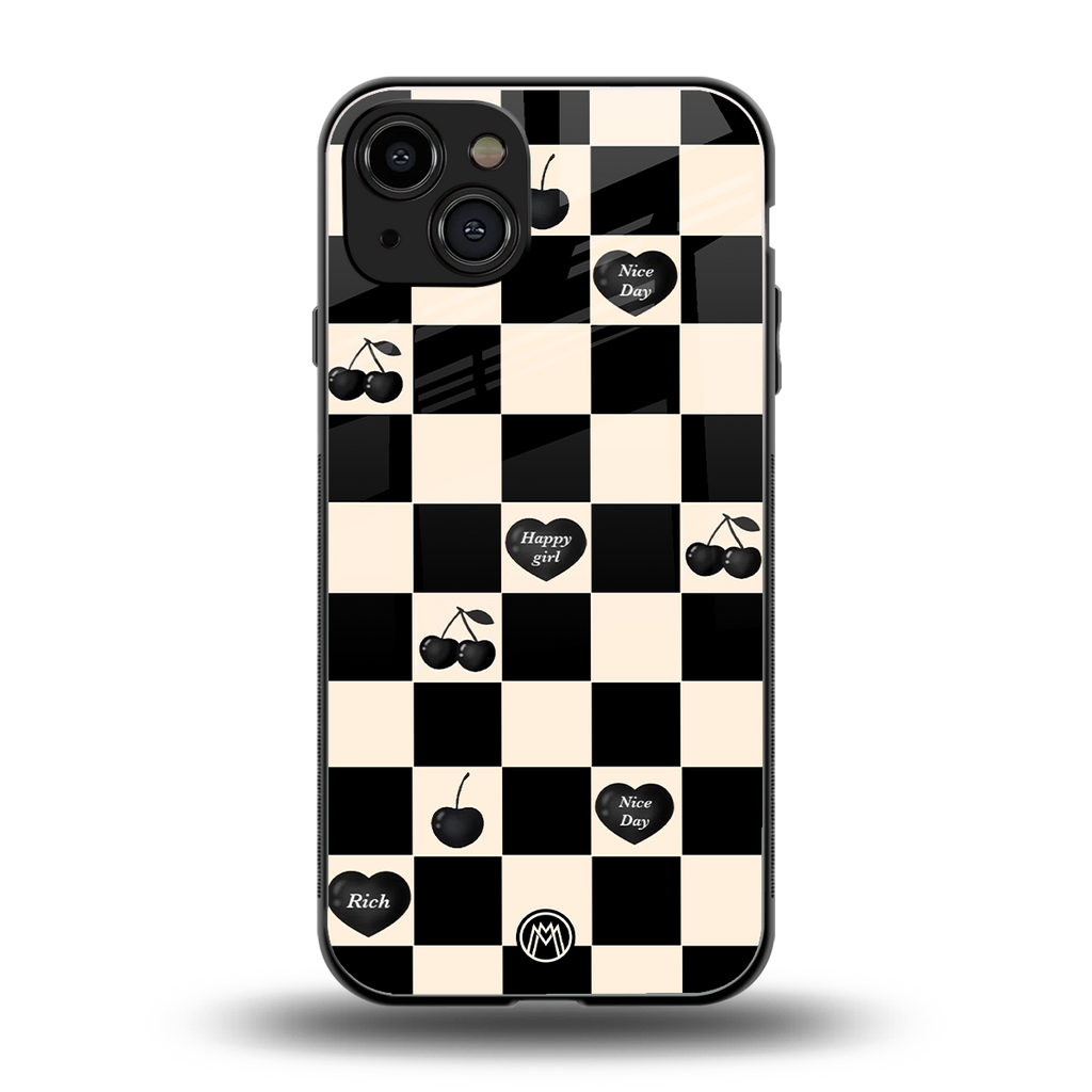 black cherries check pattern back phone cover | glass case for iphone 15