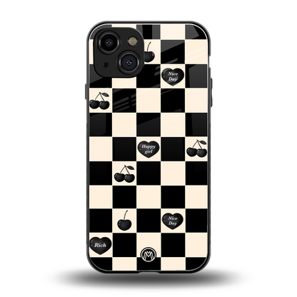 black cherries check pattern back phone cover | glass case for iphone 15