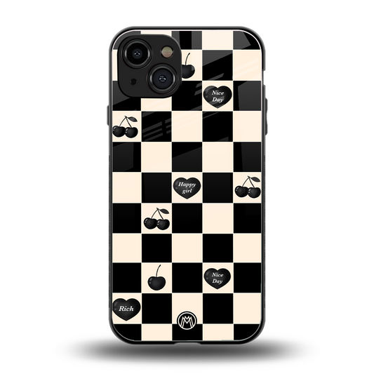 black cherries check pattern back phone cover | glass case for iphone 15