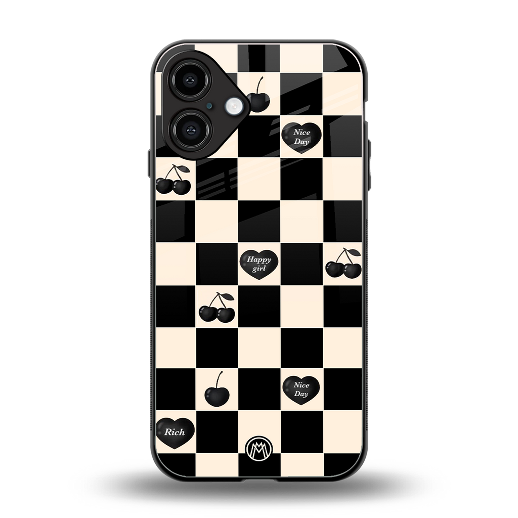 black cherries check pattern back phone cover | glass case for iphone 16 plus