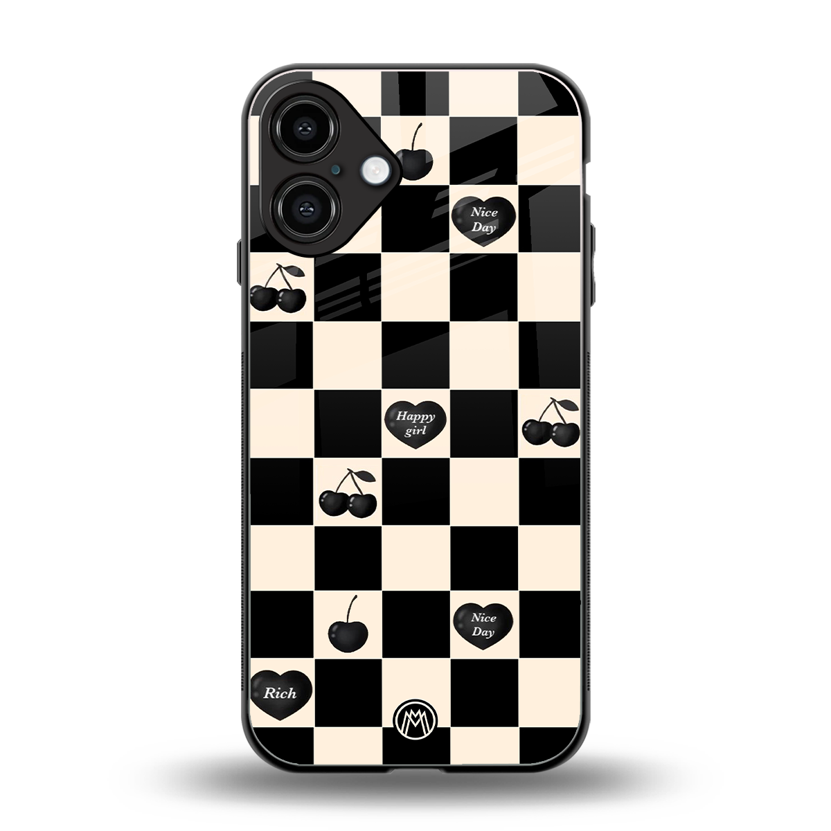 black cherries check pattern back phone cover | glass case for iphone 16 plus