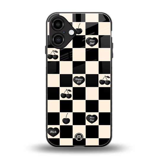 black cherries check pattern back phone cover | glass case for iphone 16 plus