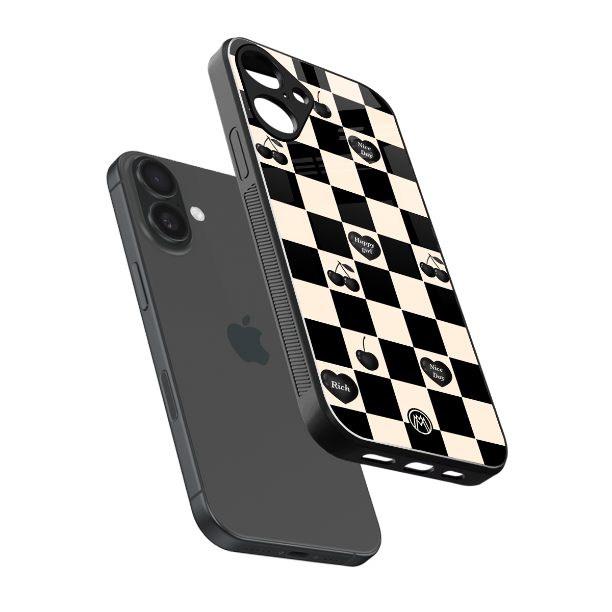 black cherries check pattern back phone cover | glass case for iphone 16 plus