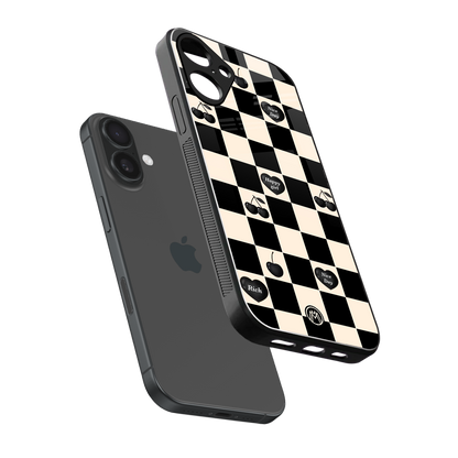 black cherries check pattern back phone cover | glass case for iphone 16 plus