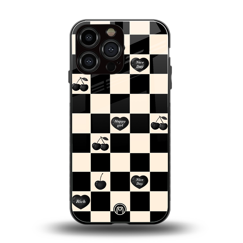 black cherries check pattern back phone cover | glass case for iphone 16 pro max