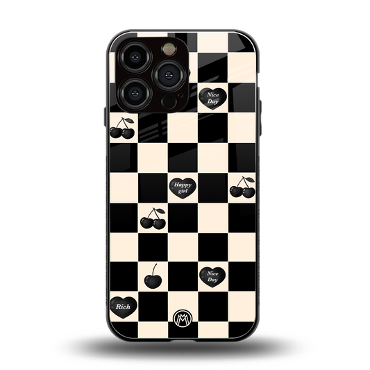 black cherries check pattern back phone cover | glass case for iphone 16 pro max