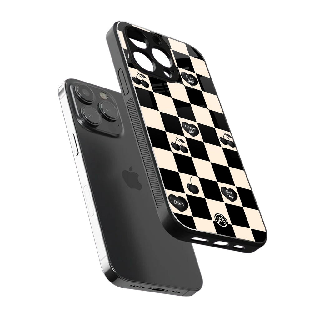 black cherries check pattern back phone cover | glass case for iphone 16 pro max