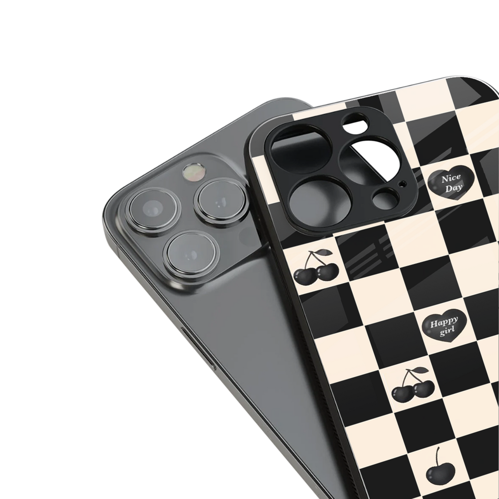 black cherries check pattern back phone cover | glass case for iphone 13 mini